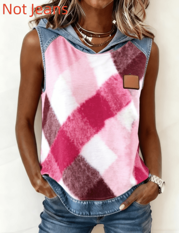 Casual Hooded Sleeveless Patchwork Denim-trimmed Loose-fitting Vest Sweatshirt For Women