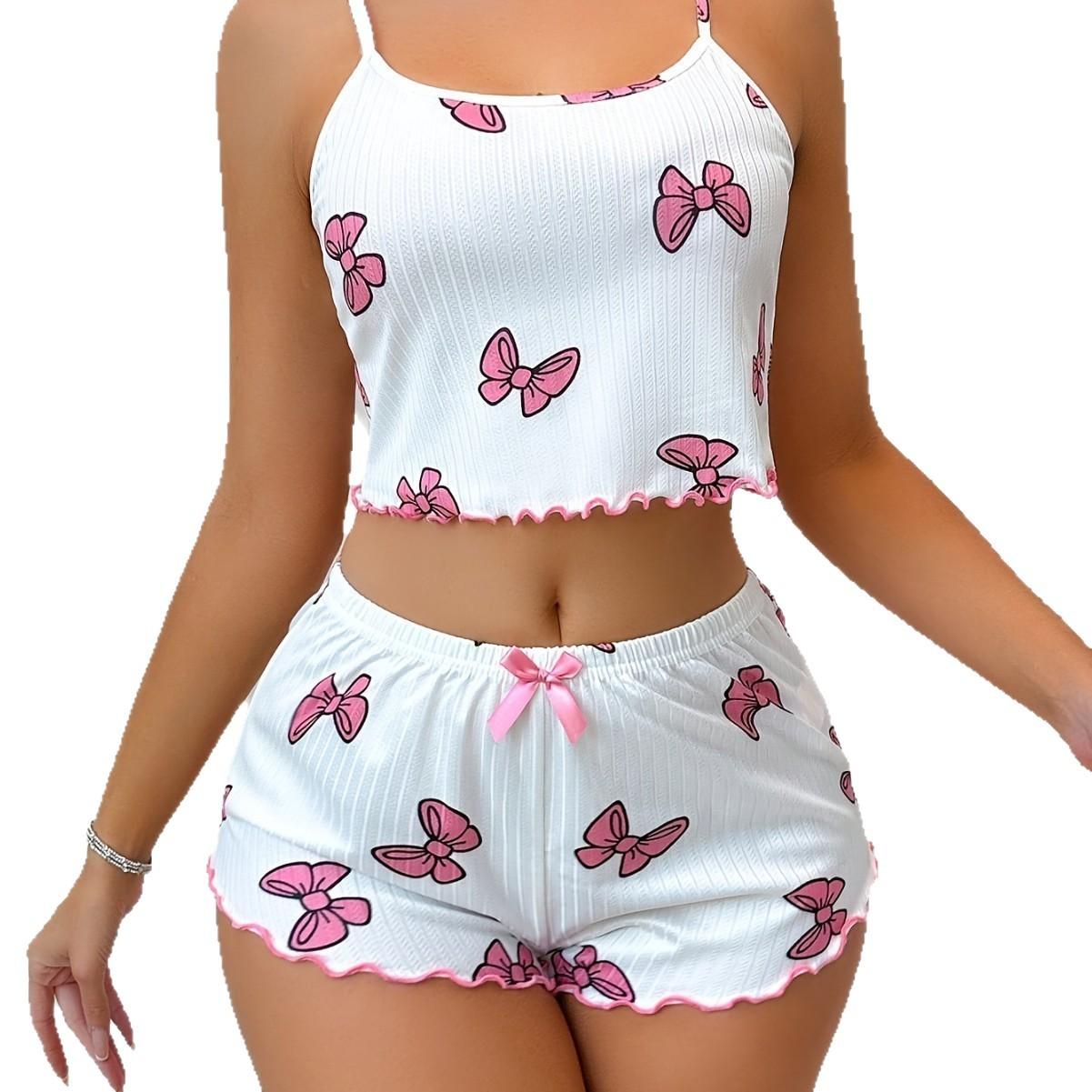 Womens Bow-Print Suspender Shorts Loungewear Two-Piece Set