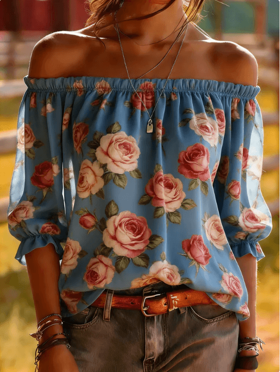 Rose Print One Shoulder Off Top