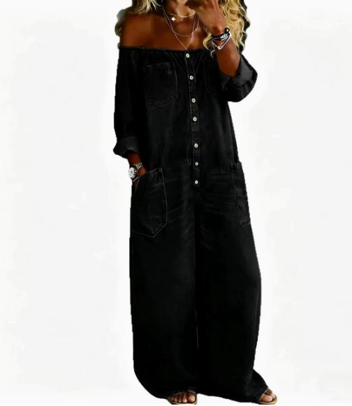 Denim Off-shoulder Pocket Jumpsuit