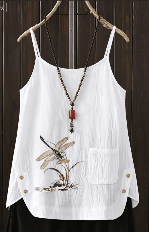White Cotton-Linen Camisole With Dragonfly Embroidery
