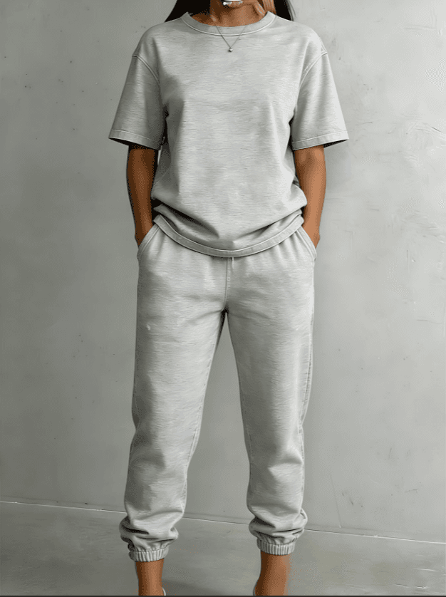 Women's Light Gray Casual Short Sleeve Sweatshirt & Jogger Pants 2-Piece Set