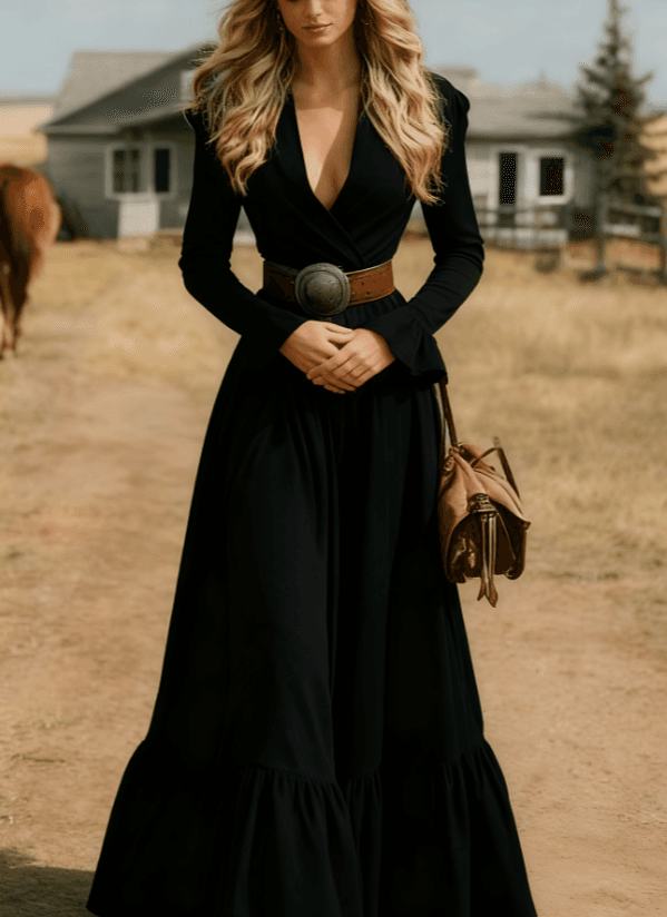 Retro V-neck Fitted Waist Flared Sleeve Long Dress