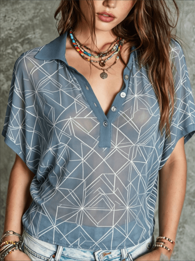 Blue White Geometric Print Polo Collar Half Button Sheer Short Sleeve Blouse