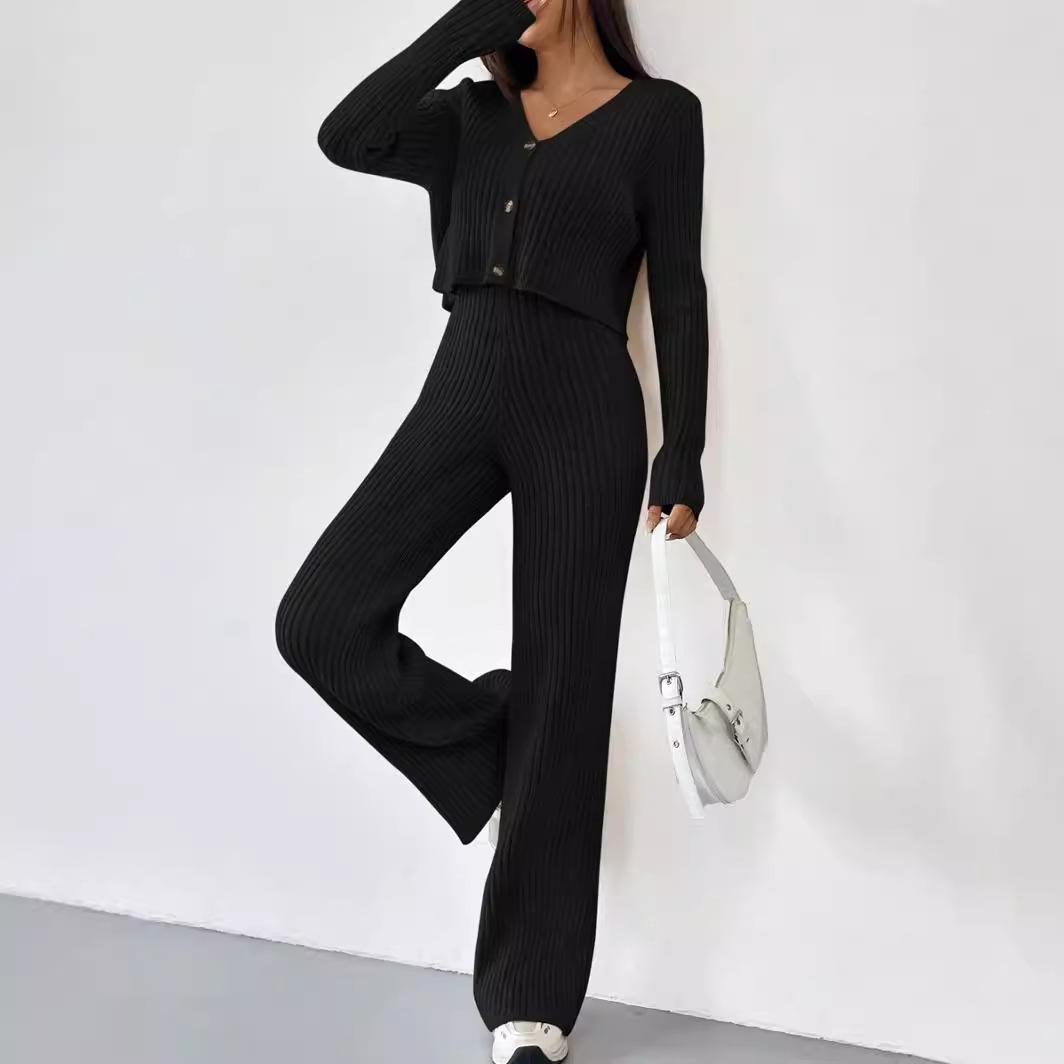 Solid Color Knitted Two-piece Women's V-neck Short Knitted Cardigan Bootcut Trousers Versatile Casual Women's Clothing