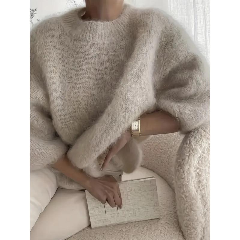 European And American Style Cross Border 2026 Spring Summer New Versatile Lazy Style Solid Color Loose Comfortable Casual Plush Sweater For Women