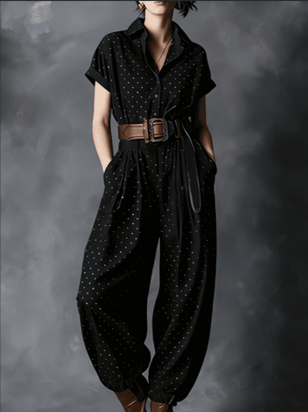 Gold Polka Dot Collared Waist-Cinched Wide-Leg Jogger Jumpsuit