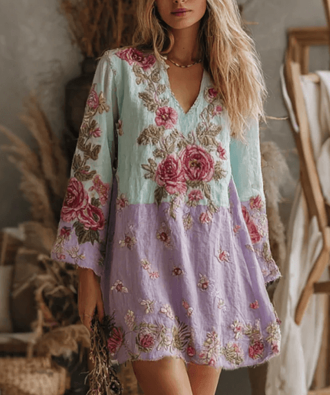 Color-blocked Rose Embroidered Casual V-neck Long-sleeved Short Dress