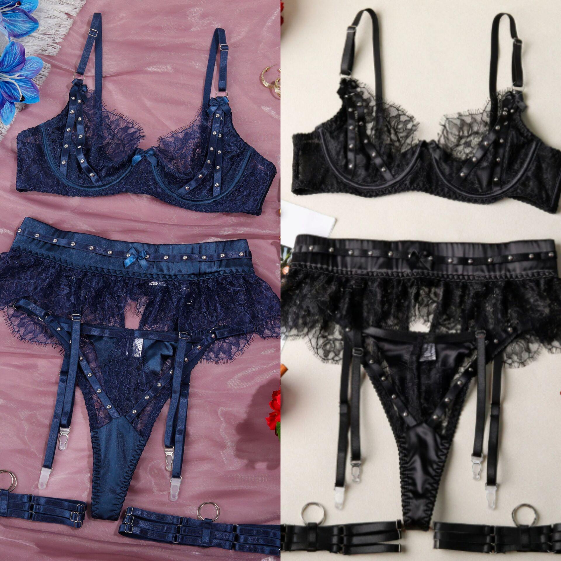 Sexy Charm Stitching Lace Steel Ball Bow Garter Underwear Suit