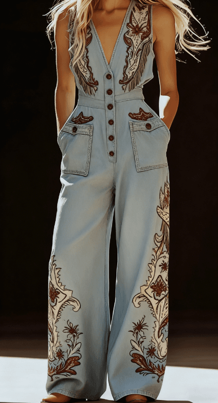 Sleeveless V-neck Single-breasted Wide-leg Jumpsuit