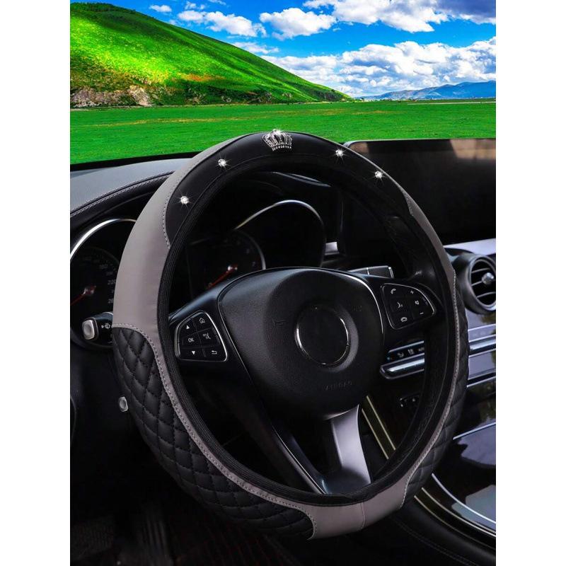 Diamond-Encrusted Little Crown Leather Car Steering Wheel Cover Without Inner Ring