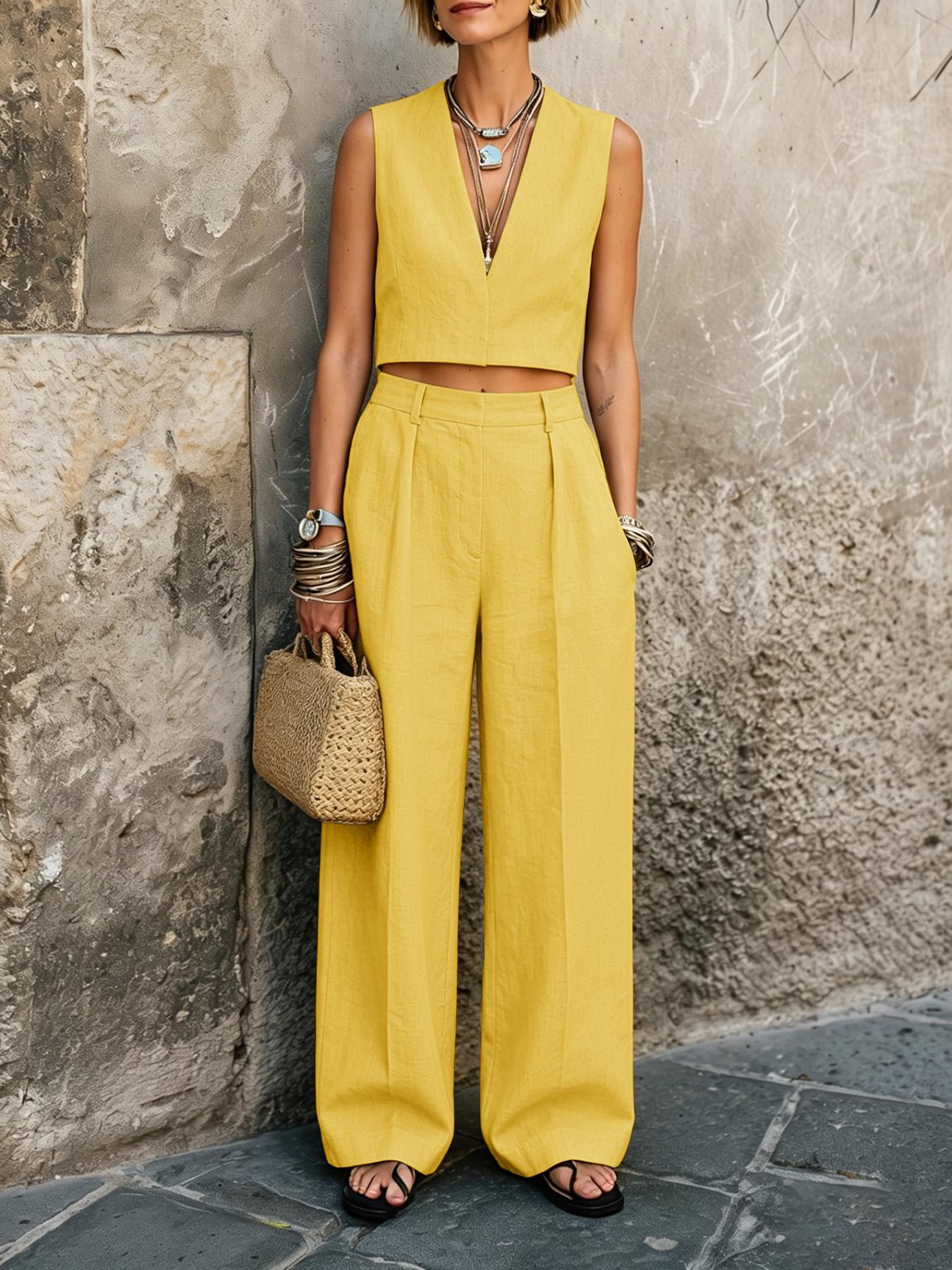 Deep V Sleeveless Linen Crop Vest And High Waist Pleated Wide Leg Pants Two Piece Set