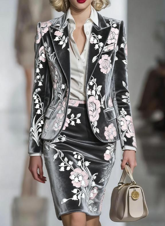 Elegant Velvet Printed Suit And Pencil Skirt Set