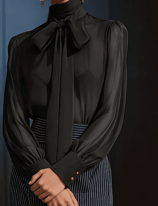 Women's High-neck Puff-sleeved Blouse With Tie