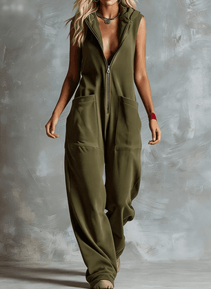 Hooded Sleeveless Zipper Loose Wide-leg Jumpsuit