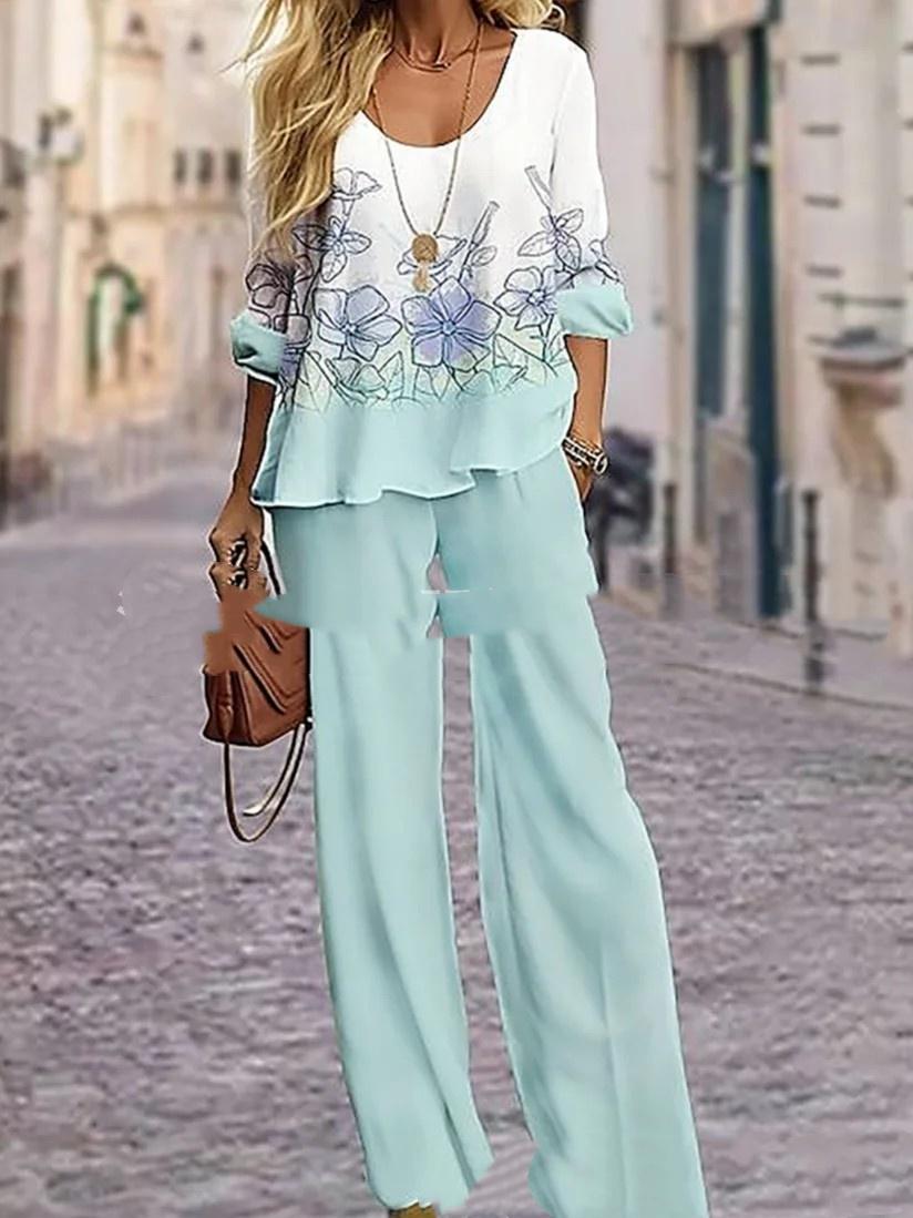 Half Sleeve Round Neck Top Lengthened Trousers Printed Women's Suit