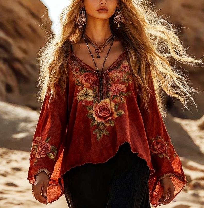 V-neck, Bell Sleeves, Casual, Flowy Long-sleeved Top