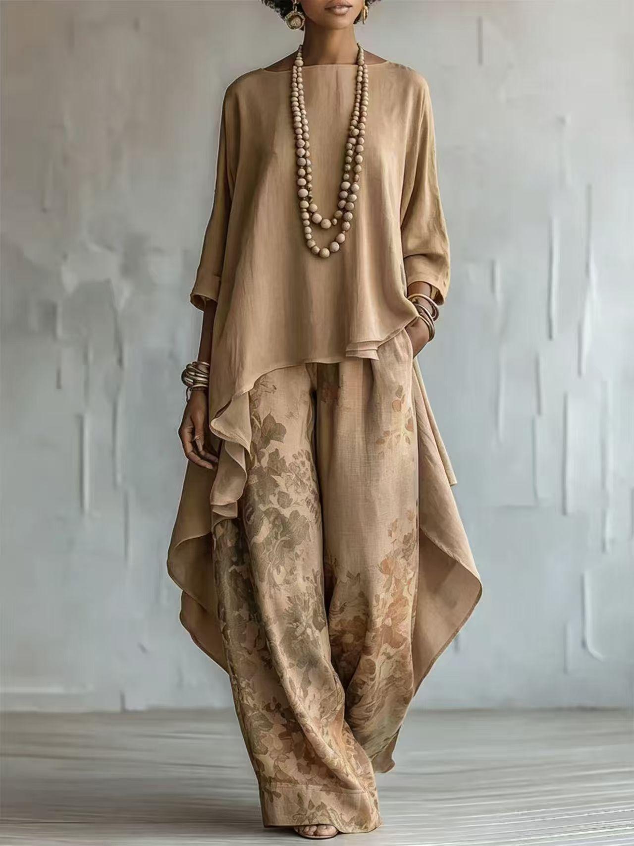 Cotton-Linen Fashion Solid-Color Top And Wide-Leg Pants Two-Piece Set