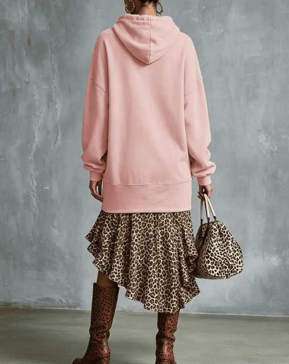 Pink Hooded Loose Fit Dress With Leopard Print And Irregular Lotus Leaf Hem