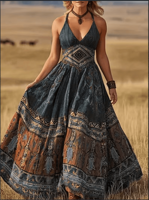 Bohemian Ethnic Style Hanging Neck V-neck Waist Cinching Large Swing Printed Long Skirt