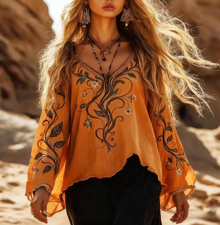 V-neck, Bell Sleeves, Casual, Flowy Long-sleeved Top