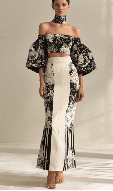 Off-Shoulder Baroque Print Crop Top And Skirt Set