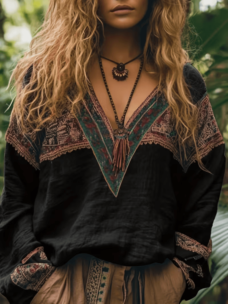 Ethnic Style V-neck Printed Loose-fitting Women's Long-sleeved Casual Top