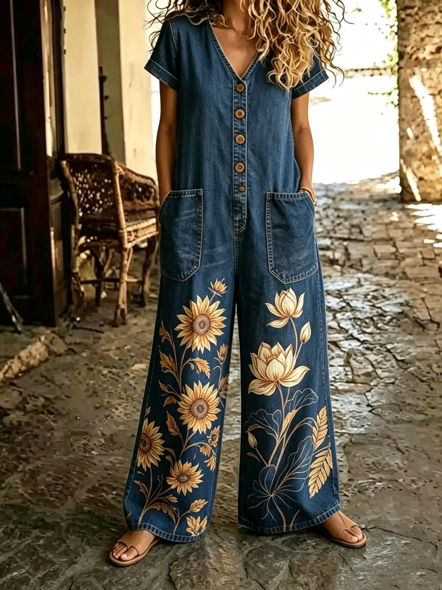 Buttoned Pockets Comfortable Short Sleeves Casual One-piece Wide-leg Jumpsuit