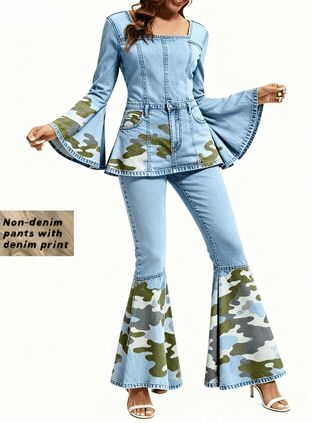 Women's Denim Print Flared Sleeve Slim Waist Casual Suit
