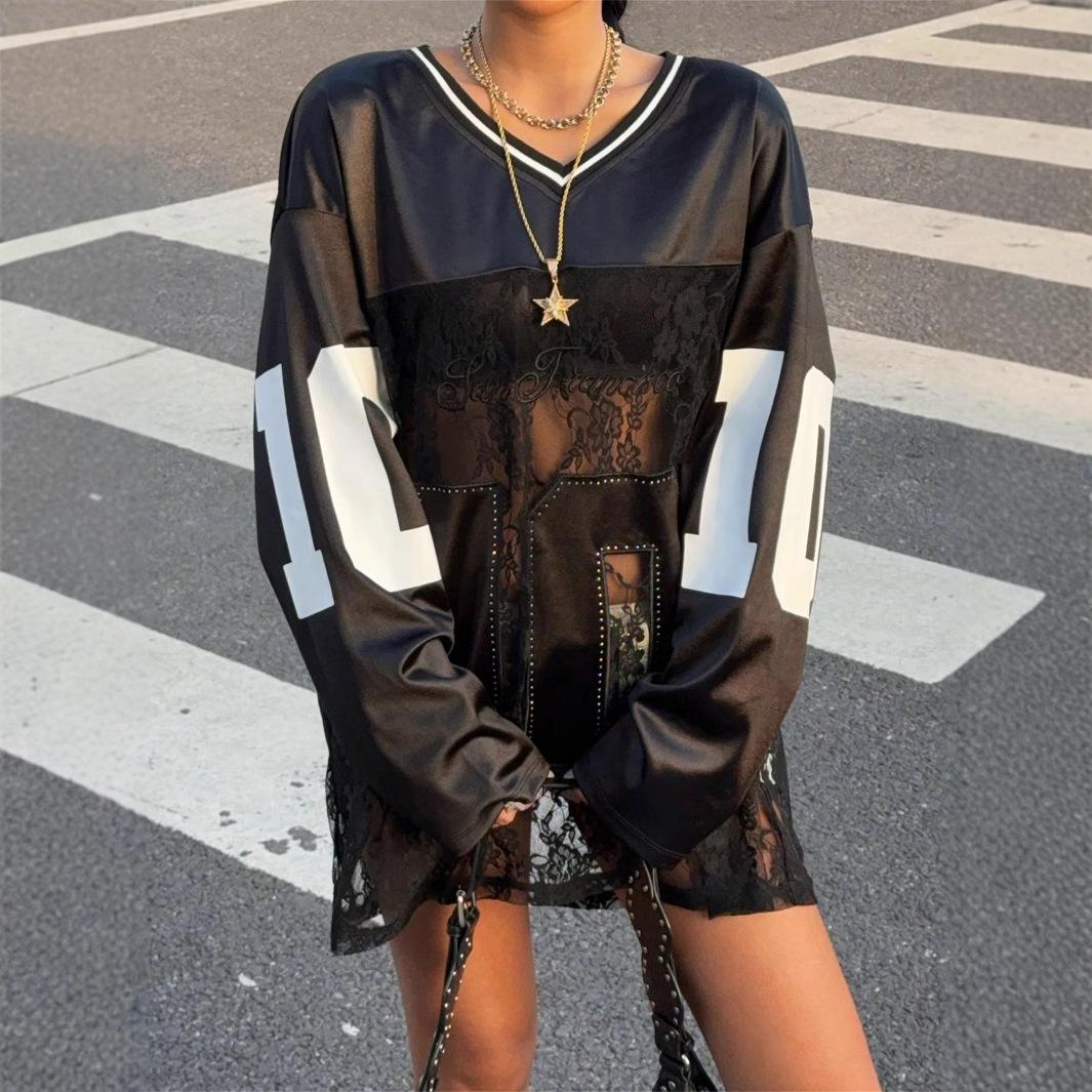 Women's Loose Printed Lace See Through V-neck Sweatshirt