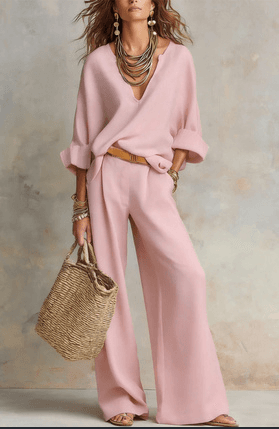 Relaxed Linen-Style V-Neck Batwing Sleeve Wide-Leg Pants Two-Piece Set