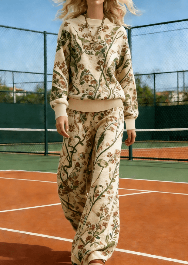 Women's American Retro Color Block Round Neck Long Sleeve Loose Knit Set
