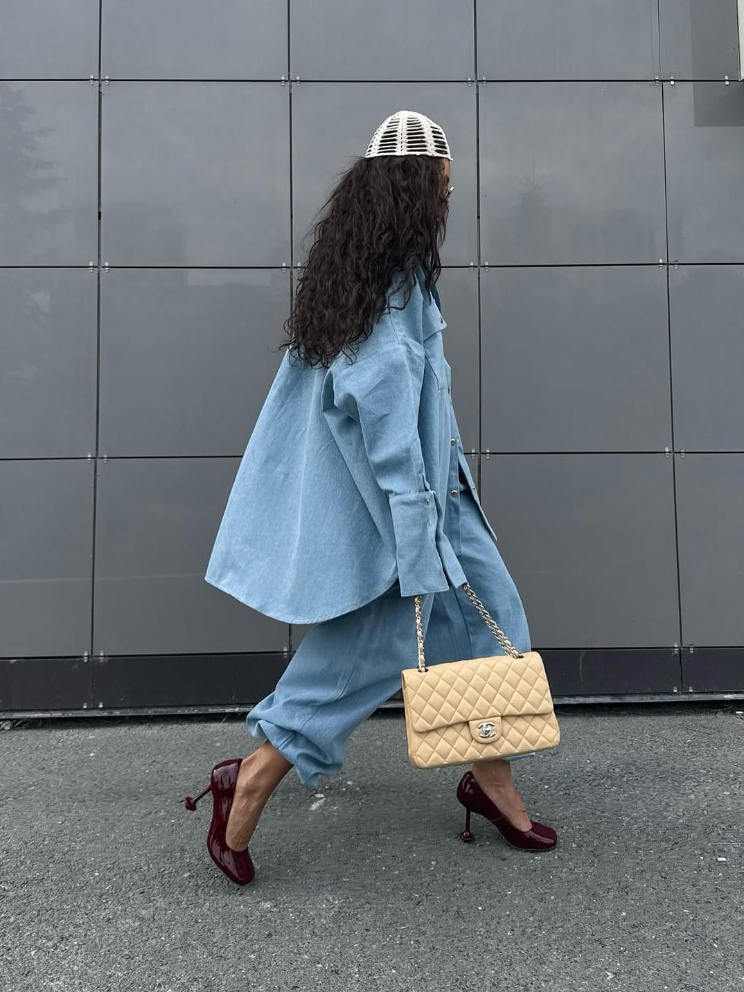 Light Blue Denim Oversized Shirt And Baggy Pants Set