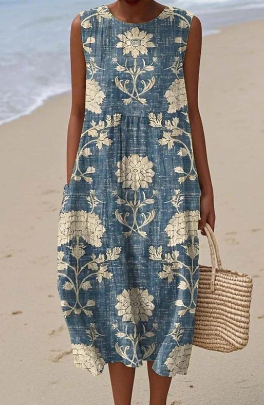 Sleeveless Pocket Casual Printed Temperament Long Dress