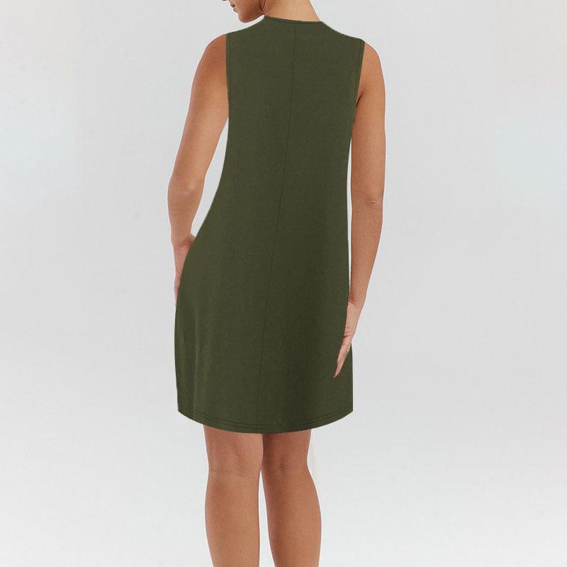Women Spring Summer Minimalist Elegant Dress, Solid Color V Neck Sleeveless Dress With Metal Buttons