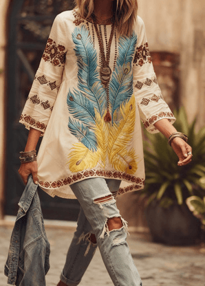 Ethnic Patterned Round Neck Bell Sleeve Casual Top
