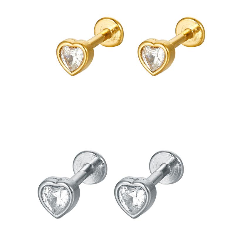 Stainless Steel Fashionable Peach-Heart Zircon Lip Stud