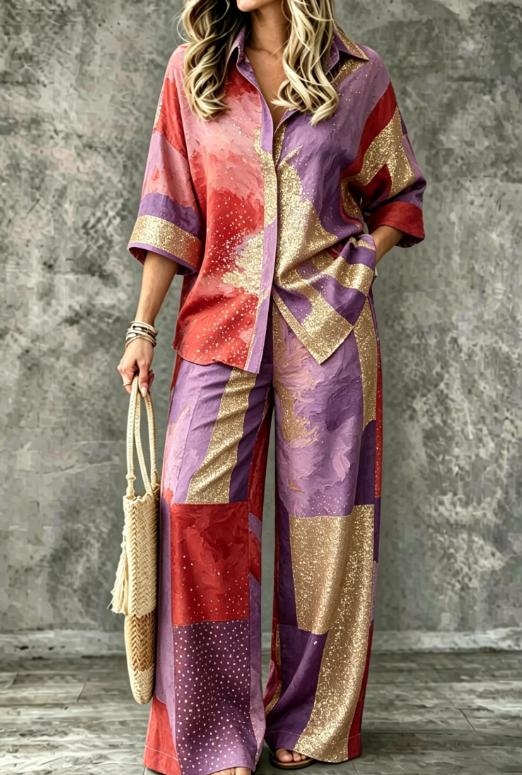 Summer Womens Shirt Set With A Digital-print Collar