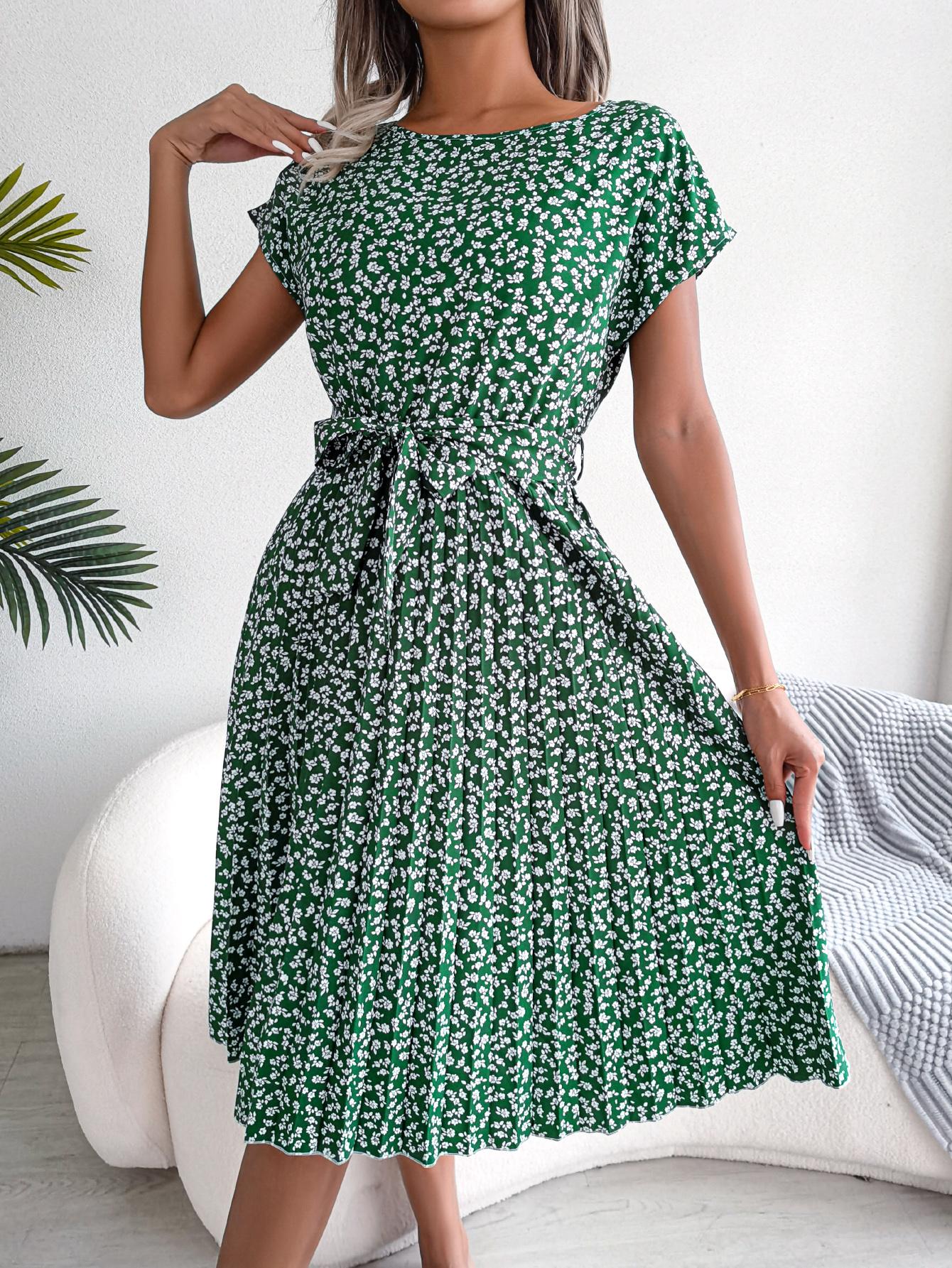 Women   Casual Short Sleeve Floral Print Flowy Pleated Skirt