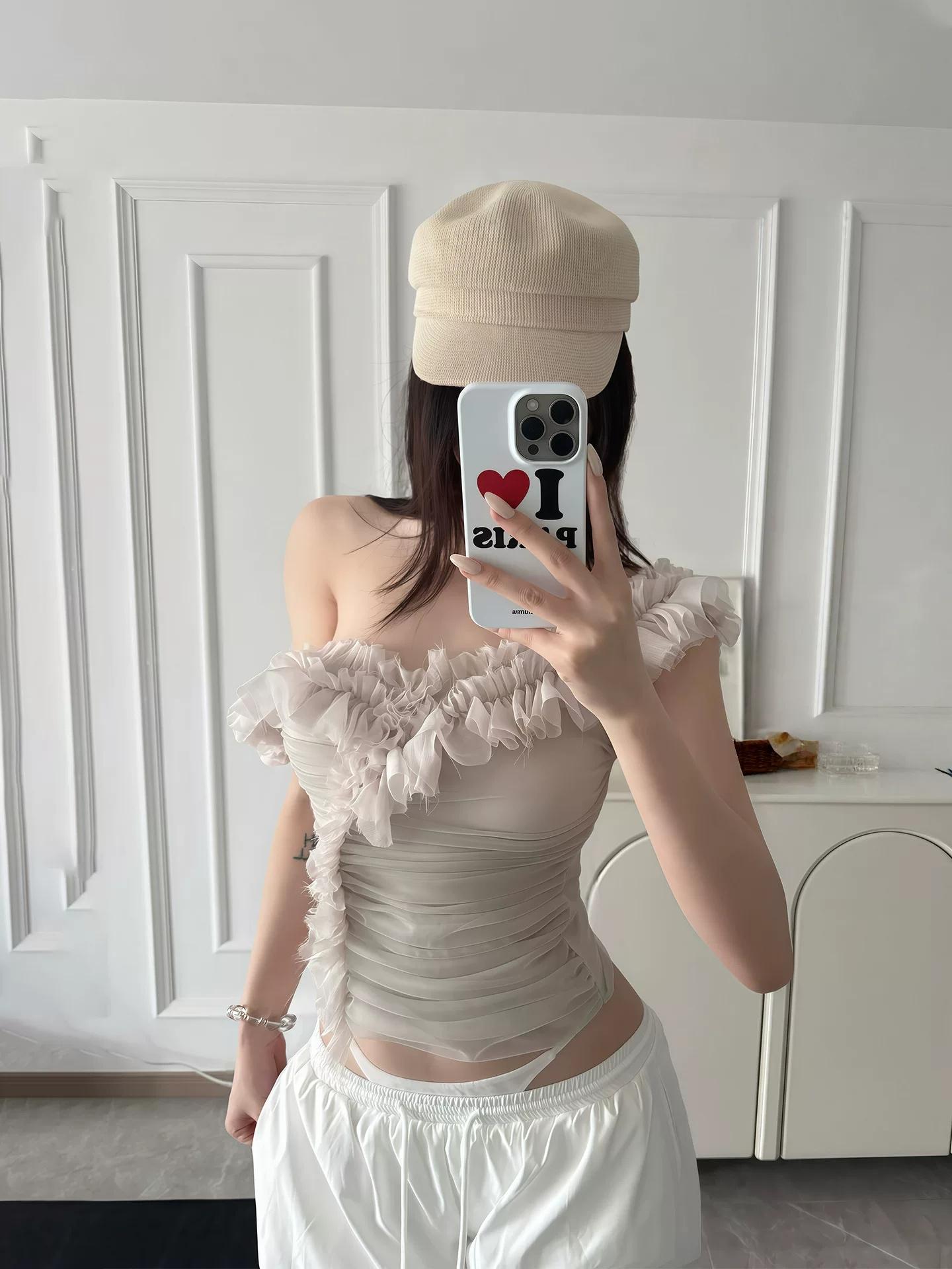 Gentle-style Off-shoulder Ruffled Short-sleeve T-shirt For Women