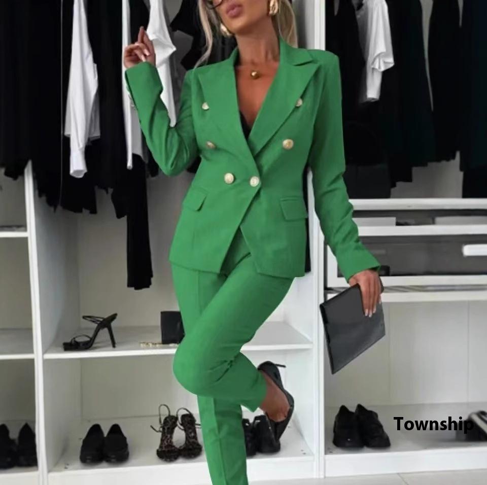 Casual Blazer Suit Slim Lapel Double-breasted Jacket And Zip-up Trousers Women's Clothing
