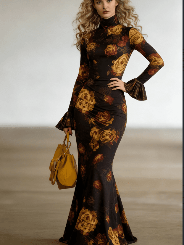 High-neck Long-sleeved Fitted Fishtail Dress