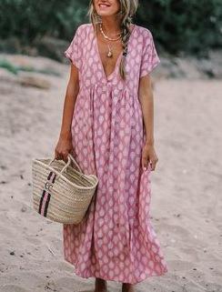 Female Water Drop Printed V-neck Wide Hem Loose Dress