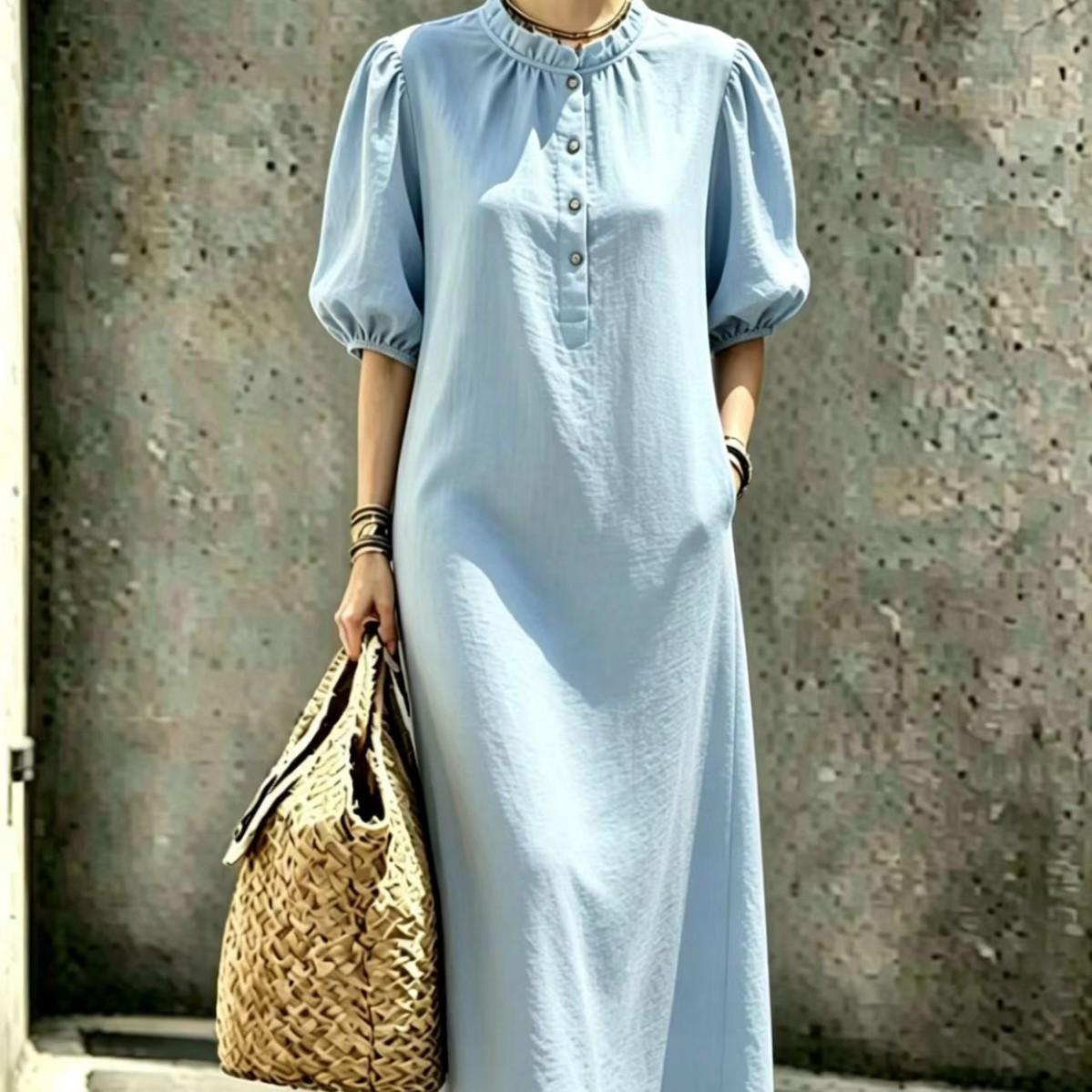 Womens Solid-color Stand-collar Puffed-sleeve Straight Dress