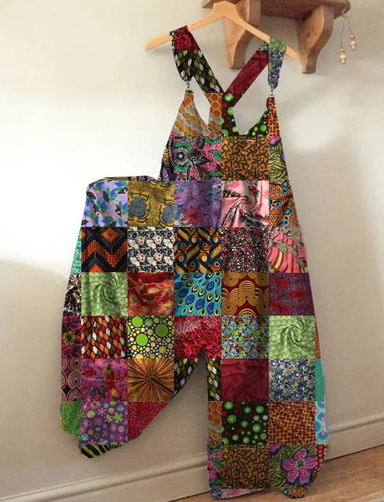 Bohemian Style Colorful Patchwork Overalls Wide-leg Jumpsuit For Women