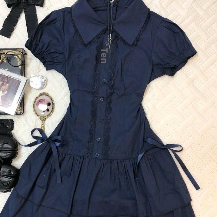 Lace-trimmed Blue Vintage Shirt Dress Short Skirt