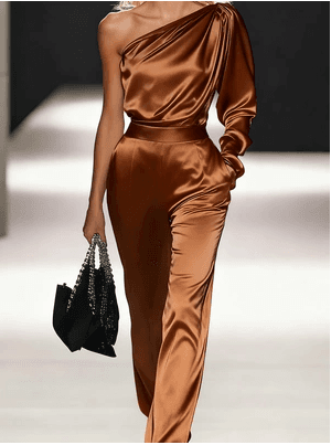 One-shoulder Satin Asymmetric Long-sleeve Jumpsuit