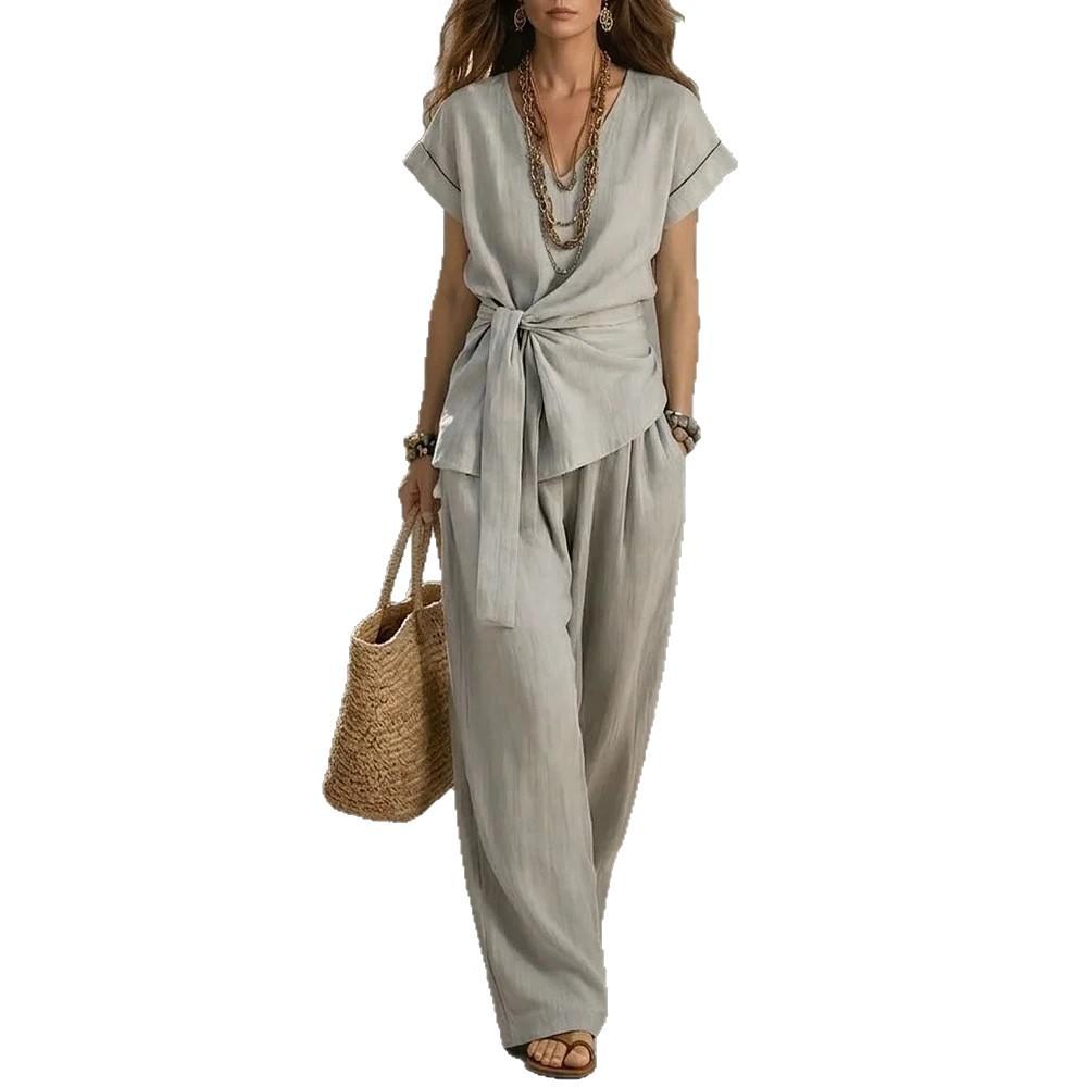 Waist-cinched V-neck Top And Solid-color Casual Pants Set