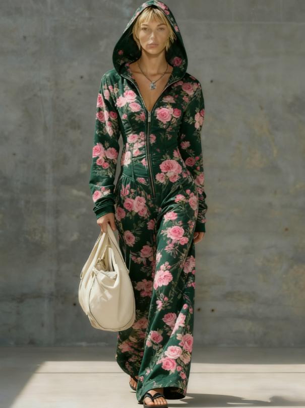 Printed Casual Hooded Zip-up Slim-fit Long Jumpsuit