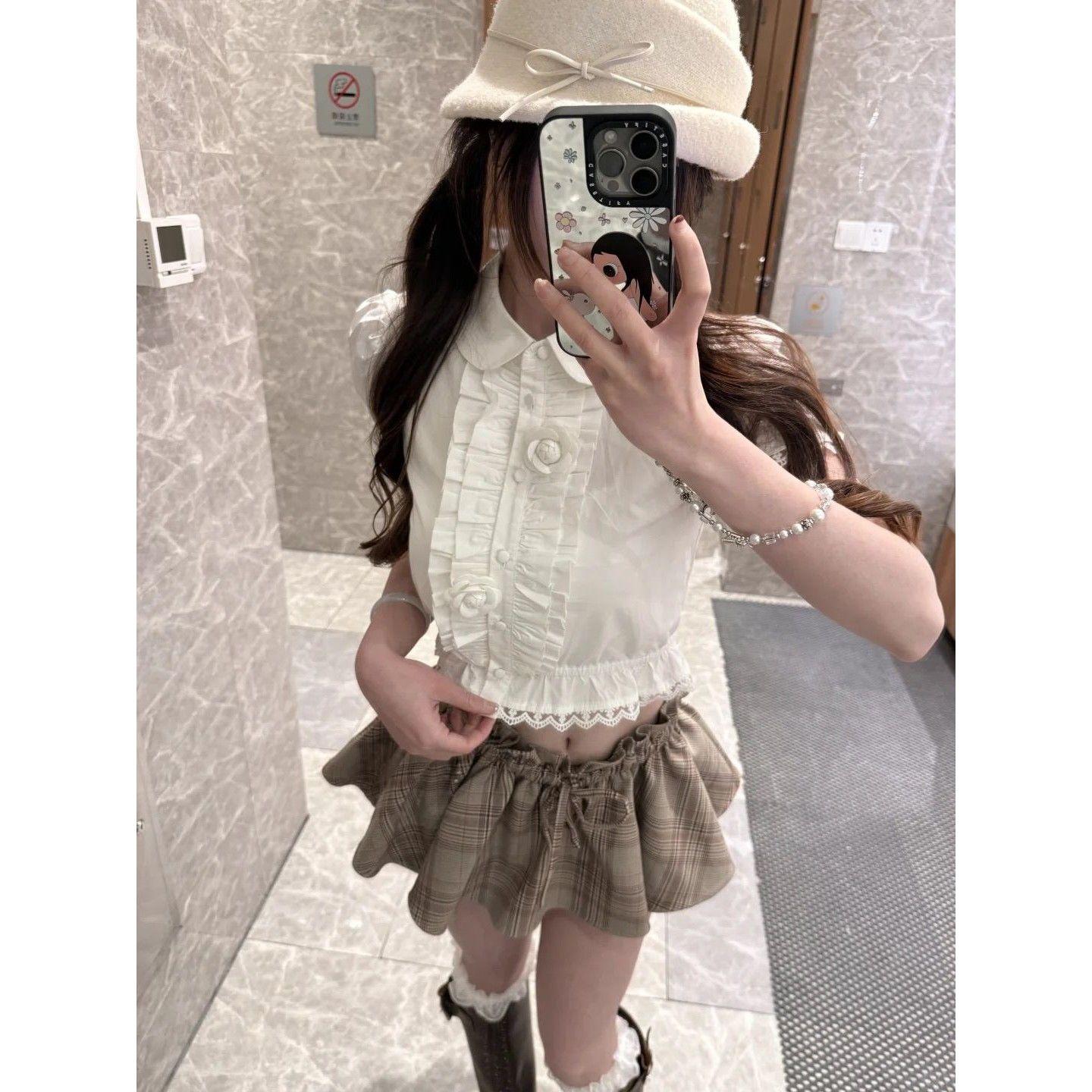 Sweet Girls Summer Floral Lapel Defined-Waist Short-Sleeve Shirt-Dress And Pants Set